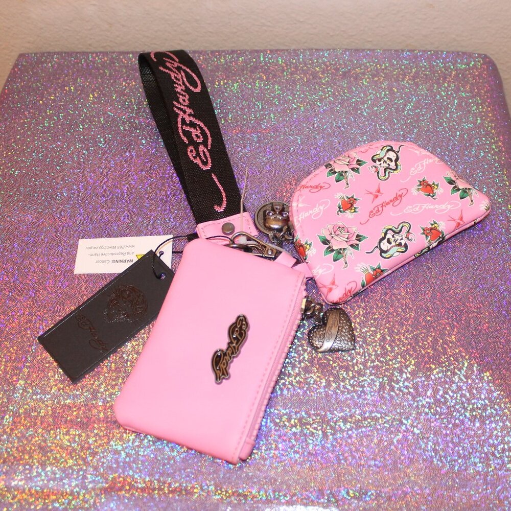 Ed Hardy Wallet Coin Pouch Detachable Keychain Strap Set NWT